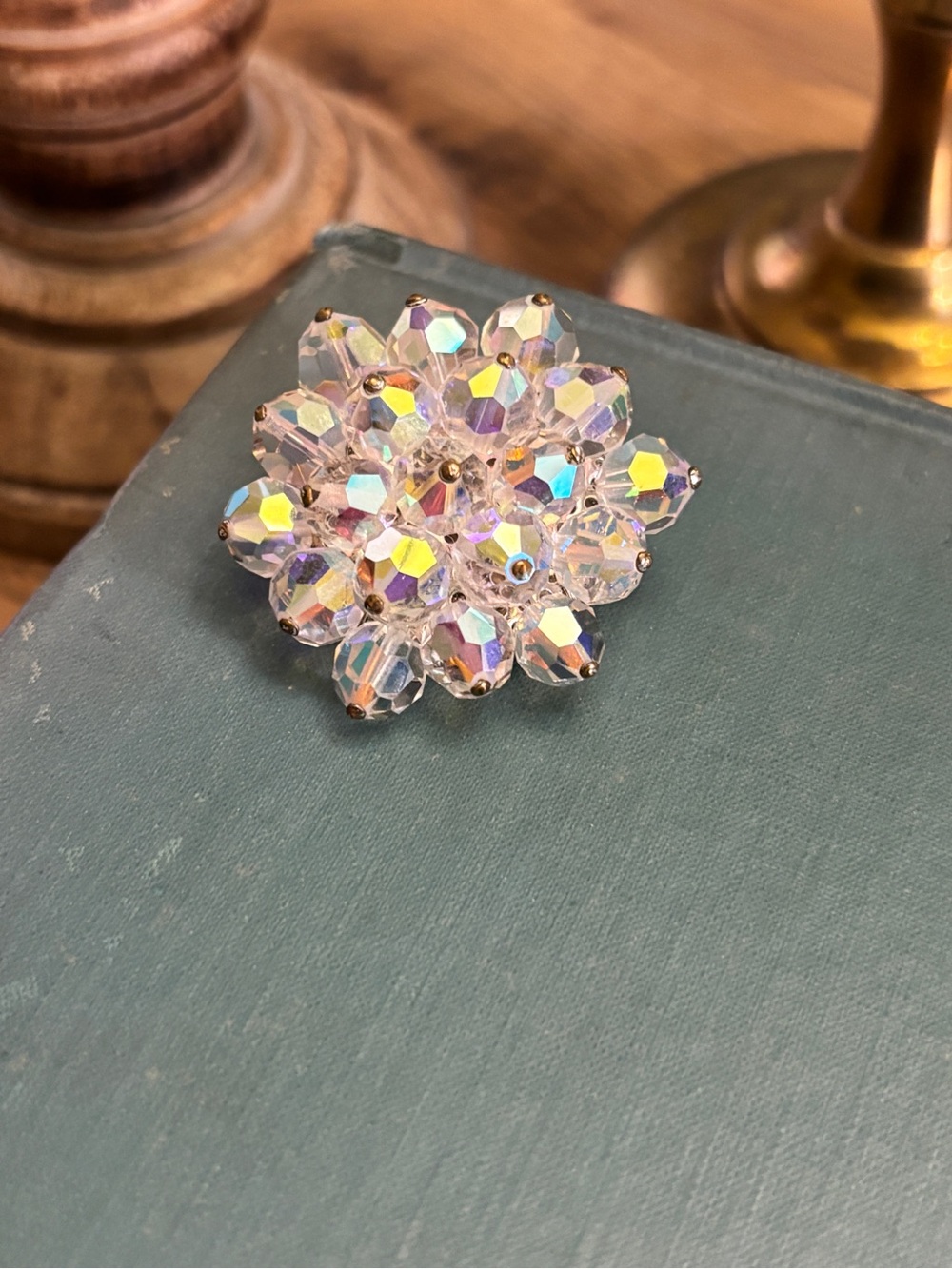 Vintage Aurora Borealis (AB) crystal bead cluster brooch - 1950’s